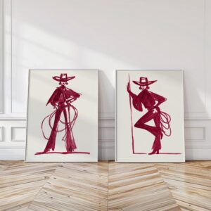 Set of 2 Red Burgundy Cowgirl Sketches Print