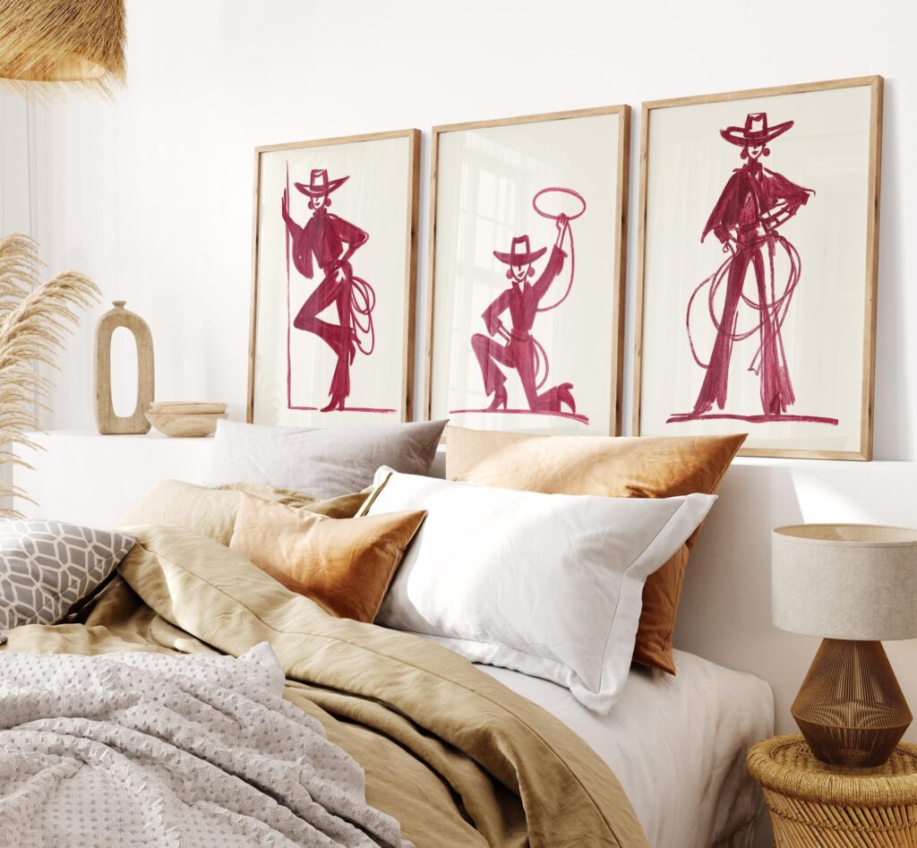 Set Of 3 Burgundy Cowgirl Art Prints - Minimal Girly Western Wall Decor Set Of 3 Burgundy Cowgirl Art Prints