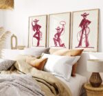 Set Of 3 Burgundy Cowgirl Art Prints
