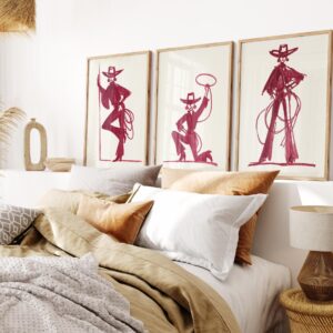 Set Of 3 Burgundy Cowgirl Art Prints