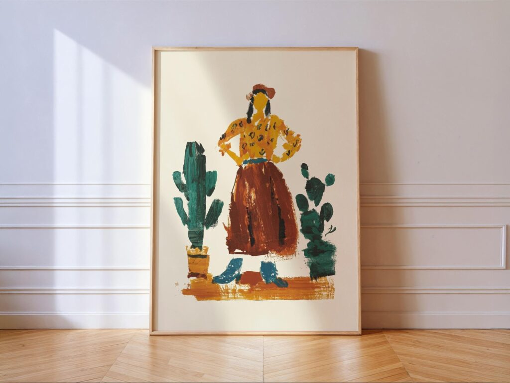 Southwestern Cowgirl Cactus Folk Art Print Colorful Boho Desert Wall Decor For Modern Home Southwestern Cowgirl Cactus Folk Art Print
