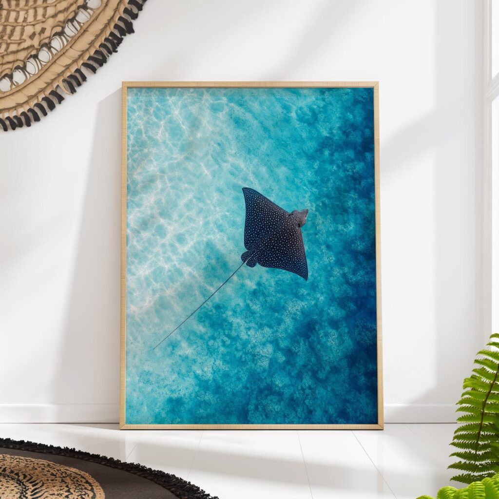 Spotted Eagle Ray Gliding Over a Turquoise Reef Print