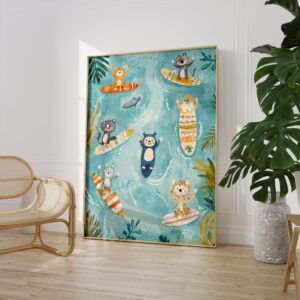 Surfing Jungle Animals Nursery Art Print
