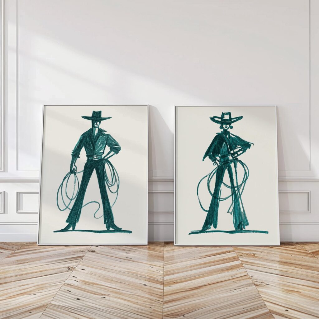 Teal Cowboy Cowgirl Line Art Prints Set of 2: Modern Western Ranch Decor Teal Cowboy Cowgirl Line Art Prints Set of 2
