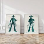 Teal Cowboy Cowgirl Line Art Prints Set of 2