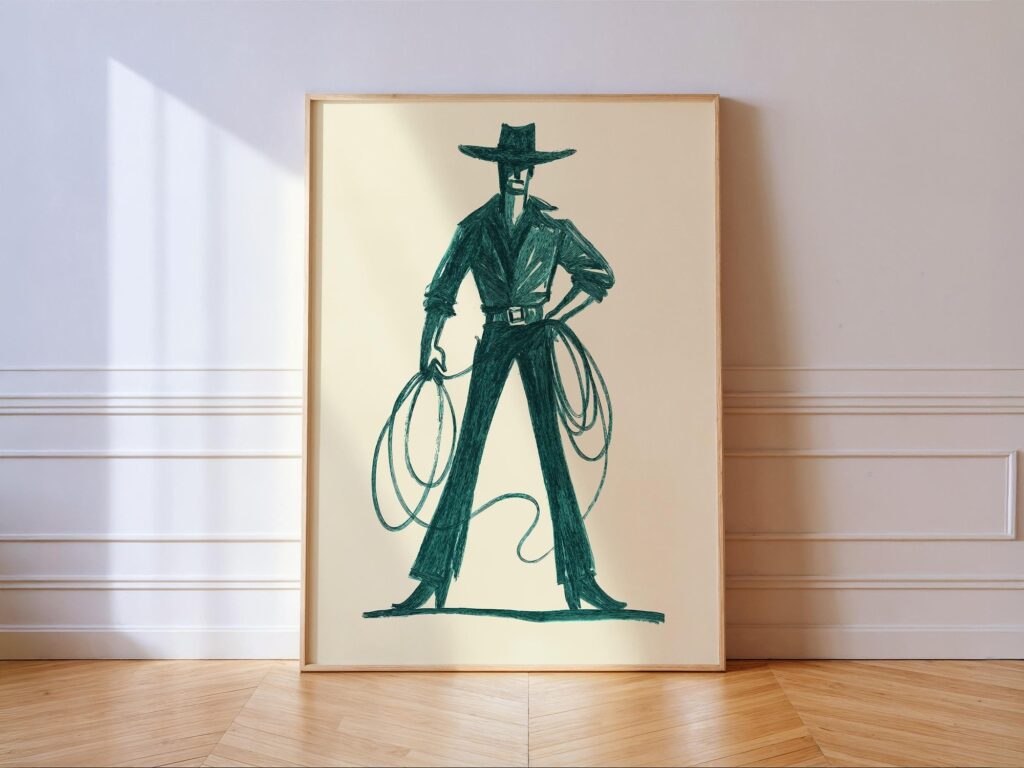 Teal Cowboy Western Print - Southwestern Line Drawing Wall Art for Living Room, Office & Entryway Teal Cowboy Western Print