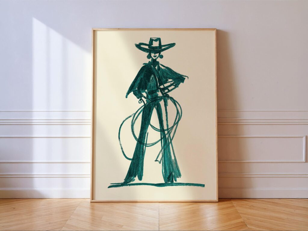 Teal Cowgirl Poster, Brush Line Art with Lasso Teal Cowgirl Poster