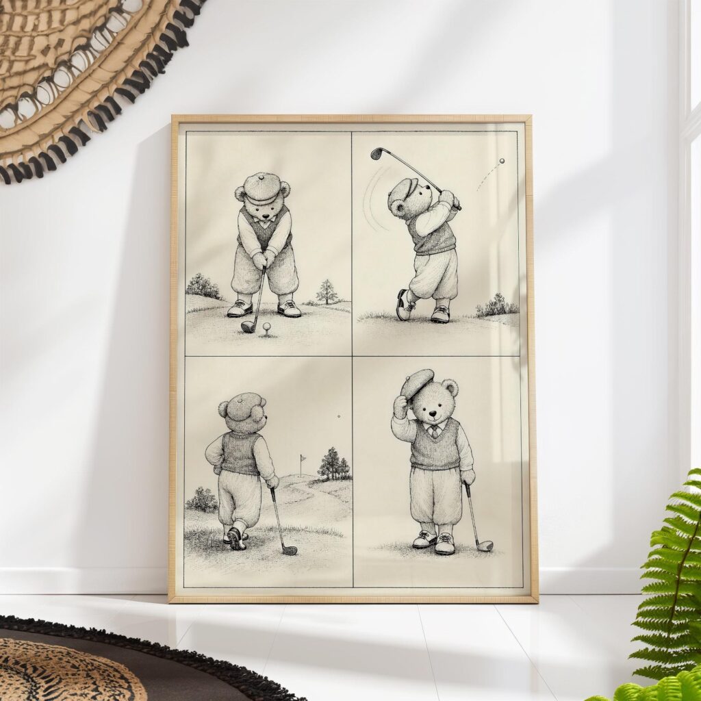 Teddy Bear Playing Golf in Four Sketches Print