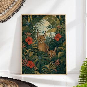 Two Caracals in a Tropical Jungle with Hibiscus Print