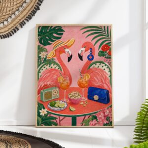 Two Flamingos Drinking Spritz on a Tropical Terrace Print
