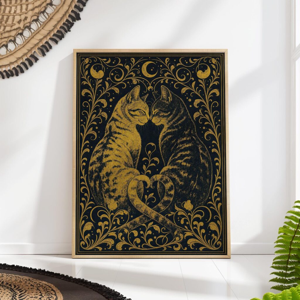 Two Gold Cats Nuzzling Under a Crescent Moon Print