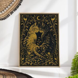 Two Gold Cats Nuzzling Under a Crescent Moon Print