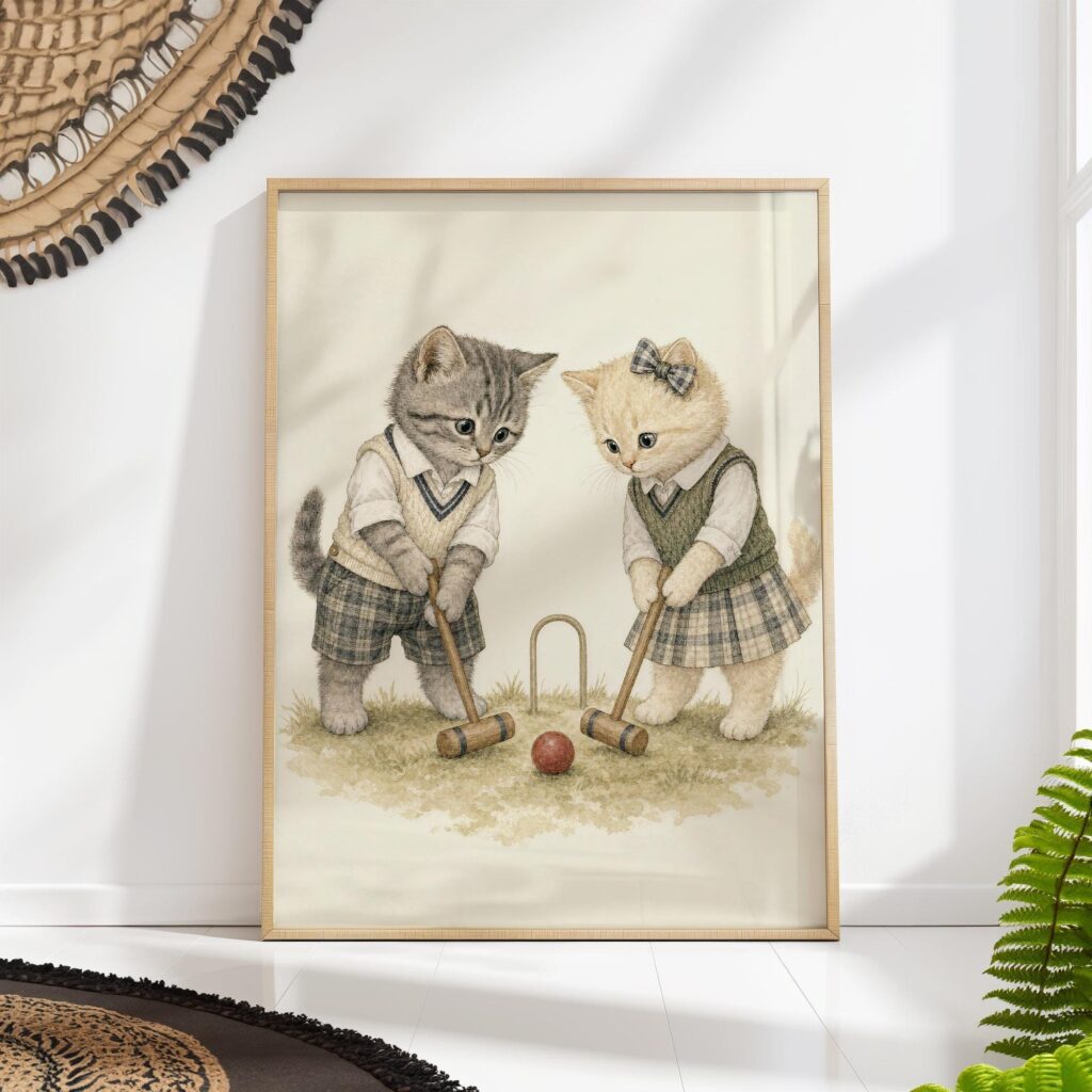 Two Kittens Playing Croquet in Vintage Clothes Print Two Kittens Playing Croquet in Vintage Clothes Print
