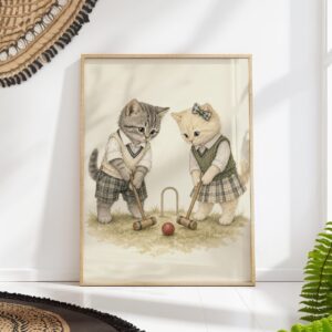 Two Kittens Playing Croquet in Vintage Clothes Print