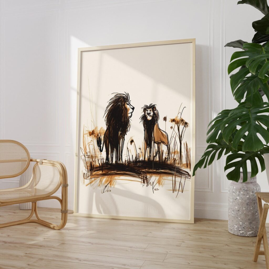 Two Lions Print Savanna Sketch Wall Art Two Lions Print Savanna Sketch Wall Art