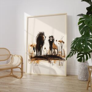 Two Lions Print Savanna Sketch Wall Art