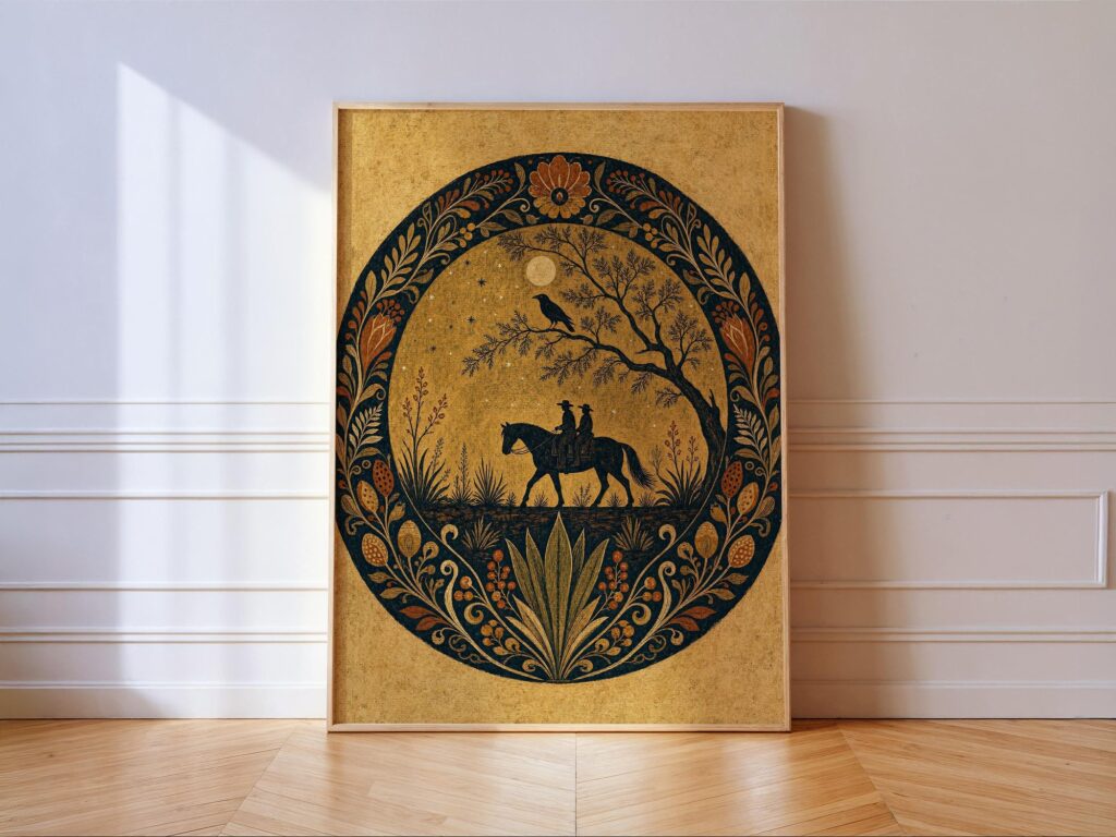 Two Riders on Horseback Under the Moon, Folk Art Medallion Western Wall Art Two Riders on Horseback Under the Moon Print