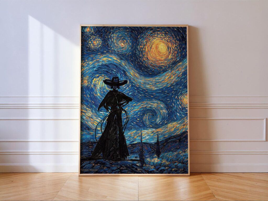 Van Gogh Starry Night Cowgirl Print - Maximalist Western Wall Art for Rustic Home Van Gogh Starry Night Cowgirl Print