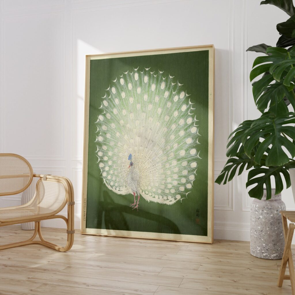 Vintage Japanese White Peacock Print