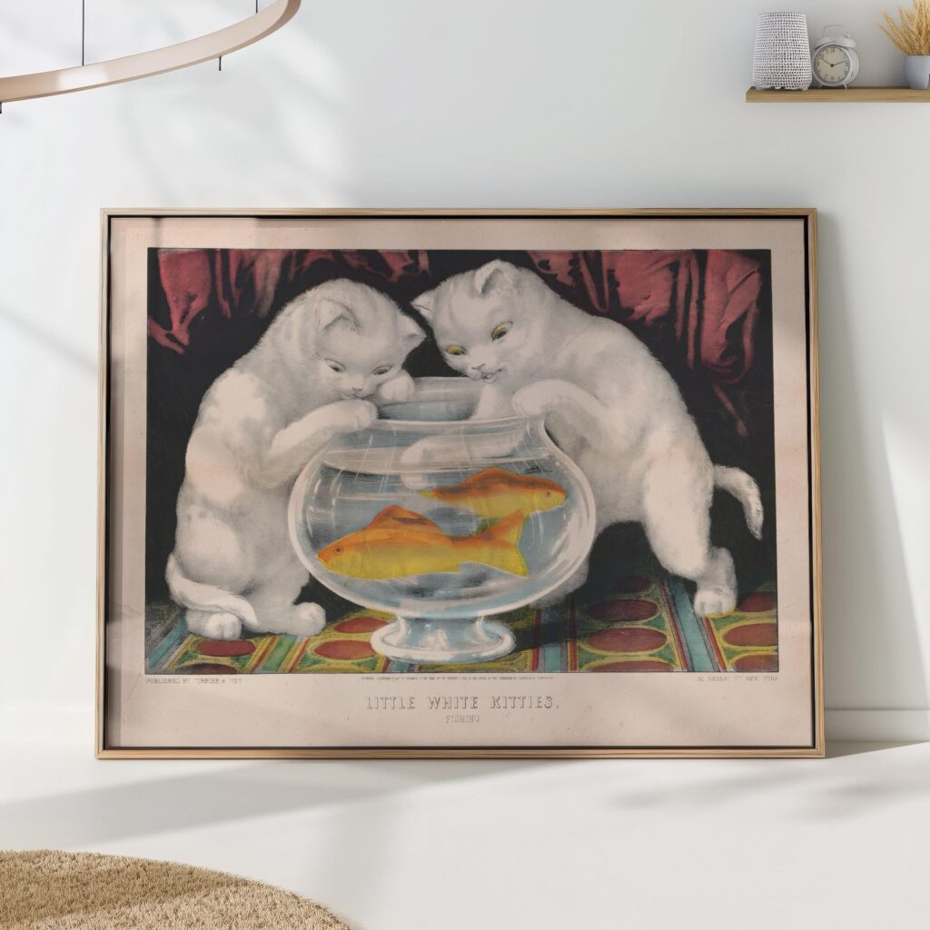 Vintage White Kittens Fishing Print Vintage White Kittens Fishing Print