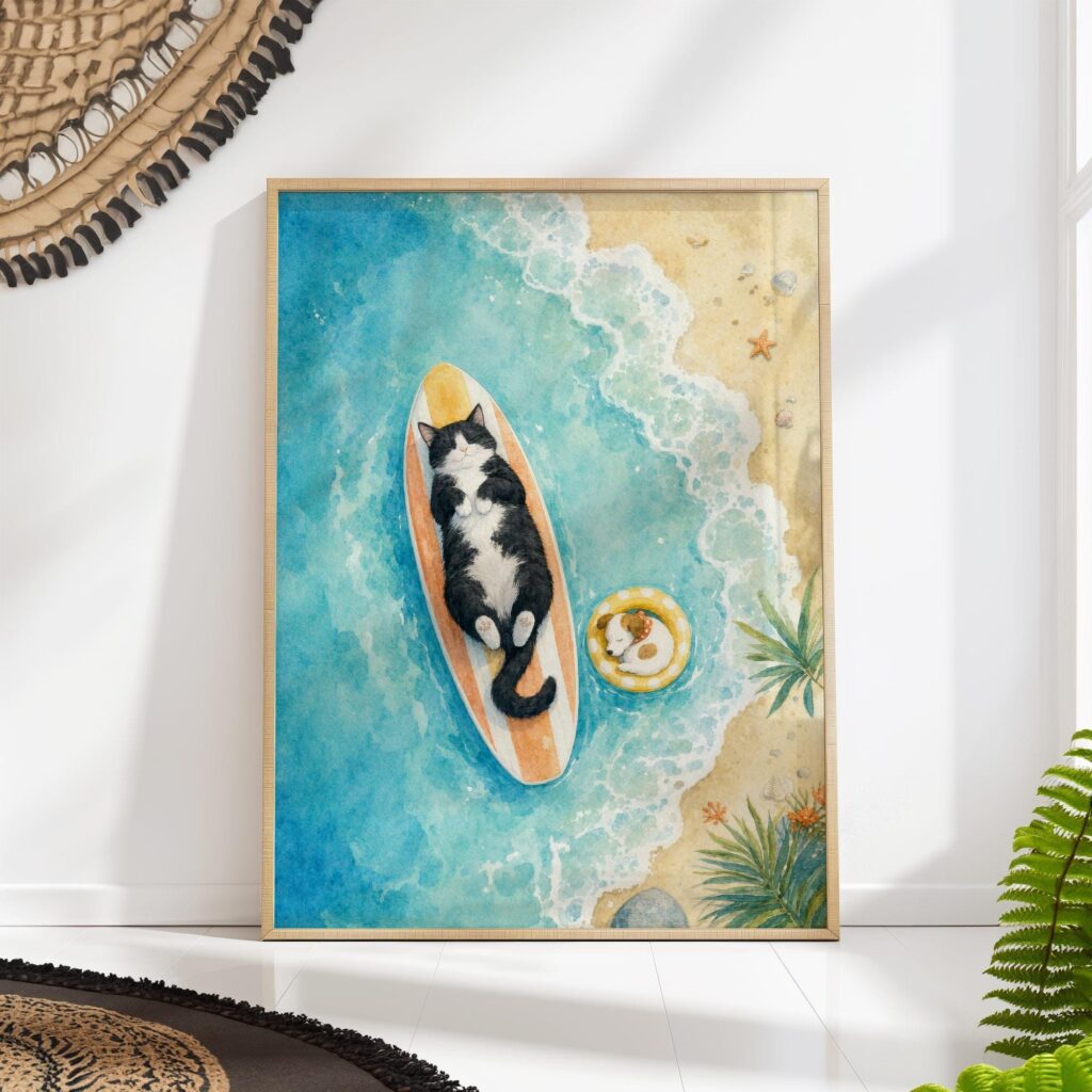 Watercolor Tuxedo Cat Asleep on a Surfboard Print Watercolor Tuxedo Cat Asleep on a Surfboard Print