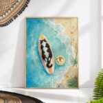 Watercolor Tuxedo Cat Asleep on a Surfboard Print