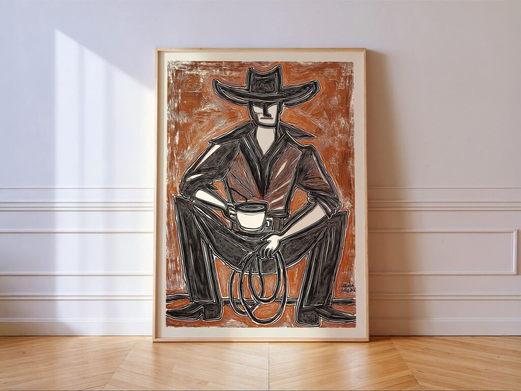 Western Cowboy Coffee Print Vintage Linocut Poster Desert Saloon Wall Art Rustic Masculine Decor Western Cowboy Coffee Print