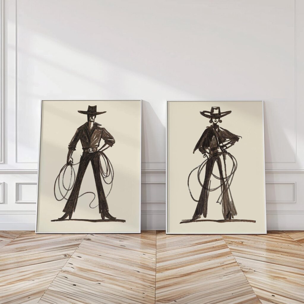 Western Cowboy Cowgirl Set of 2 Prints - Southwestern Rodeo Fashion Ranch House Decor Western Cowboy Cowgirl Set of 2 Southwestern Rodeo Prints