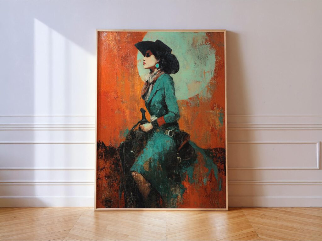 Western Cowgirl in Teal and Orange Print, Bold Modern Southwestern Wall Art Western Cowgirl in Teal and Orange Print