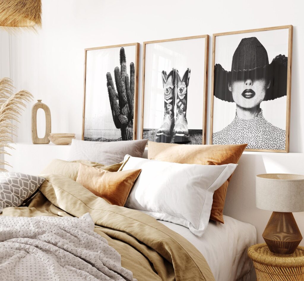 Western Fashion Wall Art Set of 3 Cactus Boots Cowgirl Black And White Western Fashion Wall Art Set of 3
