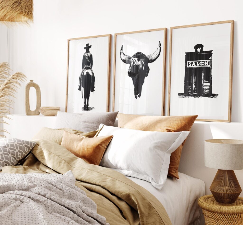 Western Prints Set of 3 - Cowboy, Rodeo Skull, Saloon Wall Art (Black & White) Western Prints Set of 3