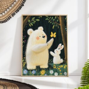 Whimsical Bear and Rabbit Nursery Art Print