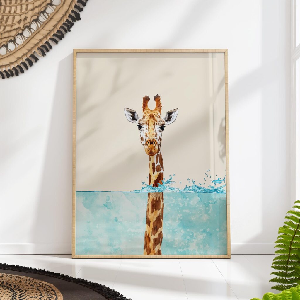 Whimsical Giraffe in Water Art Print Whimsical Giraffe in Water Art Print