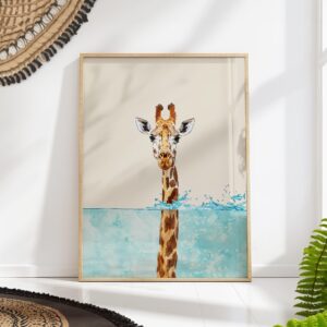Whimsical Giraffe in Water Art Print