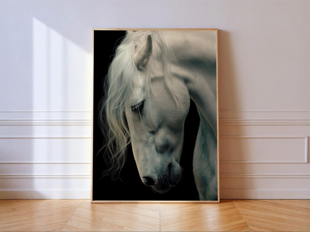 White Horse Western Wall Art - Equestrian Rodeo Print, Majestic Stallion on Dark Background White Horse Western Wall Art