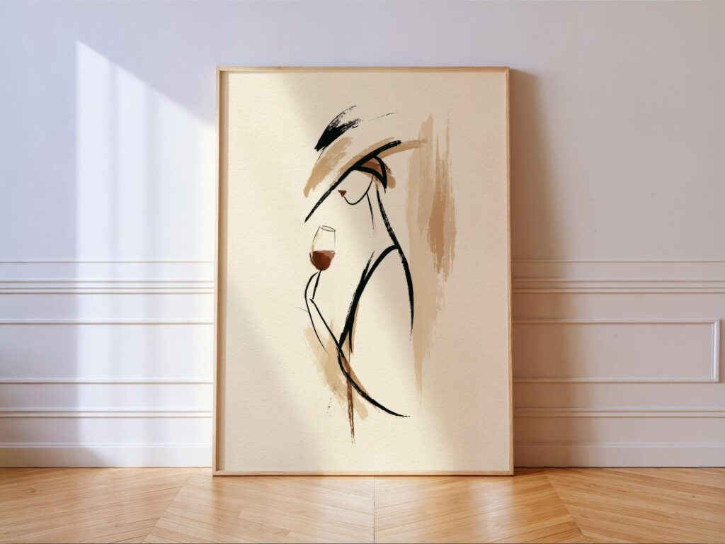 Woman Wine Glass Print: Minimalist Brush Stroke Fashion Elegant Wall Art Woman Wine Glass Print