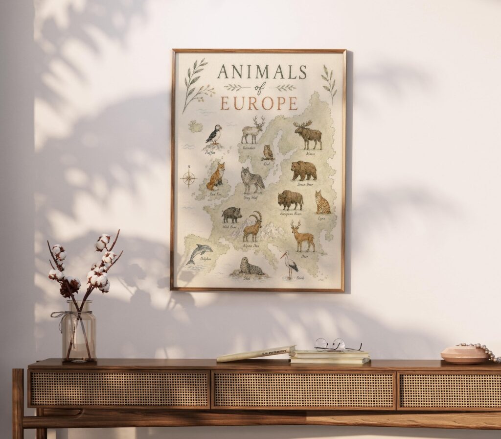 Animals of Europe Map Poster