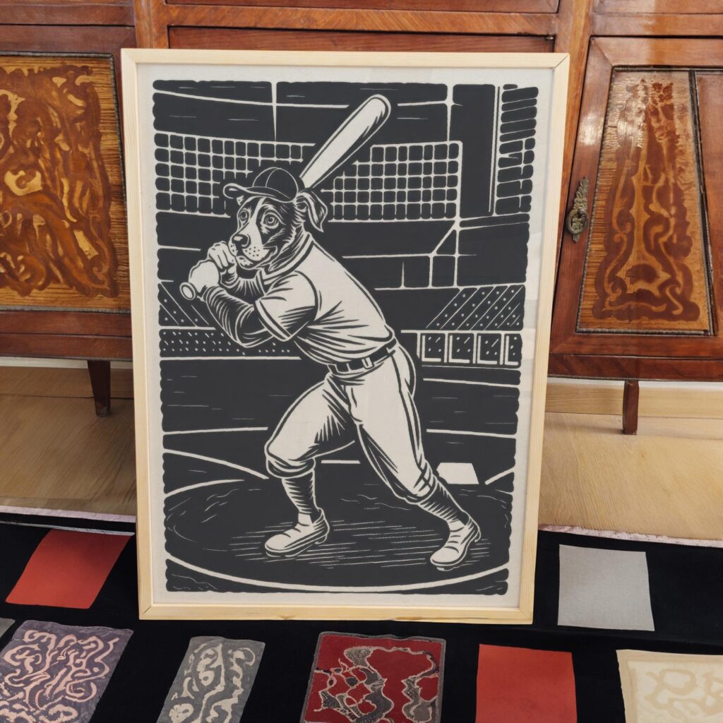 Baseball Dog Whimsical Black Art Print