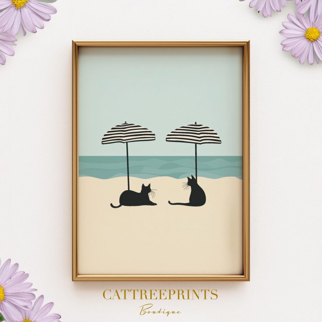 Beach Cats Under Umbrellas Print