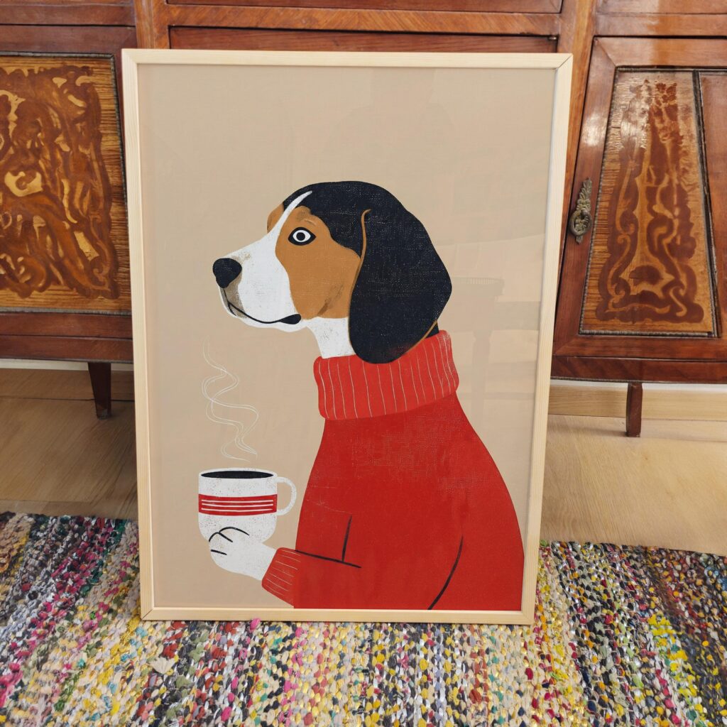 Beagle Dog Drinking Coffee Retro Illustration Art Print
