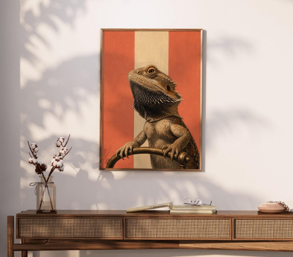 Bearded Dragon Portrait on Red Stripes Print