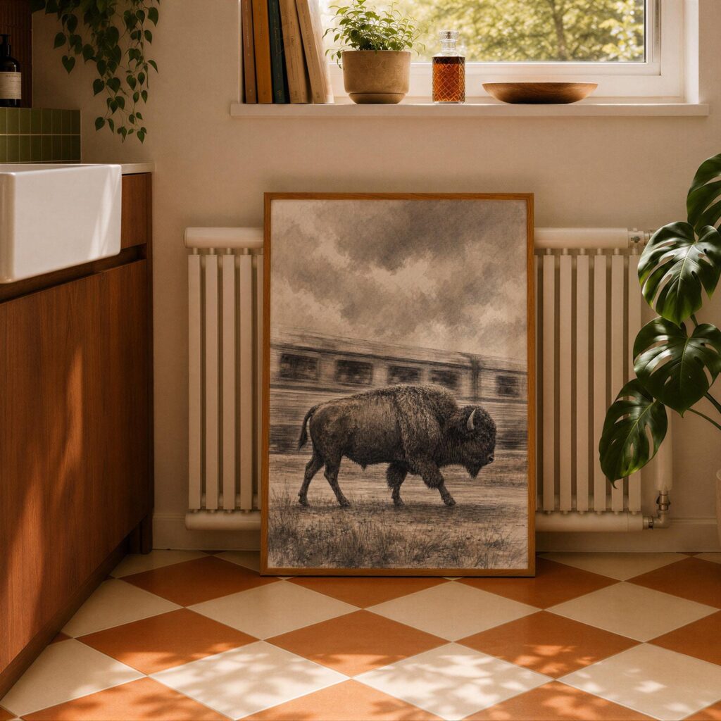 Bison Walking Past a Passing Train Print
