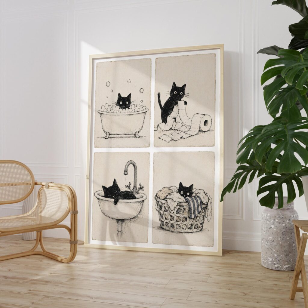 Black Cat Bathroom Print Set