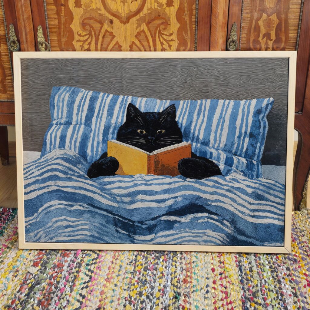 Black Cat Bed Reading Print