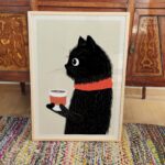 Black Cat Coffee Cozy Scarf Art Print