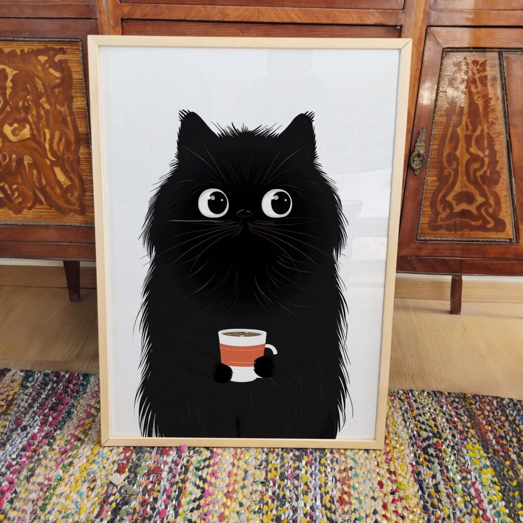 Black Cat Coffee Furry Illustration Art Print
