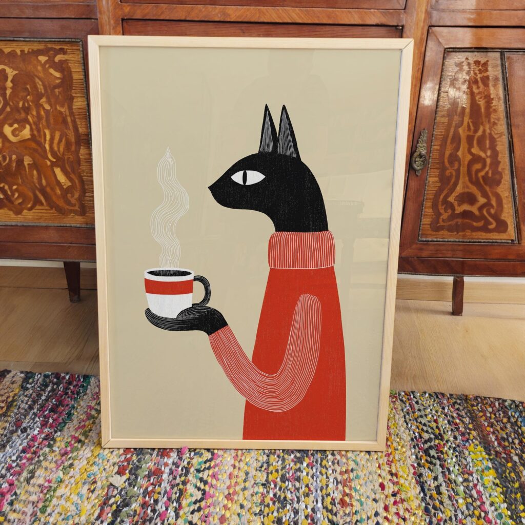 Black Cat Coffee Kitchen Art Print