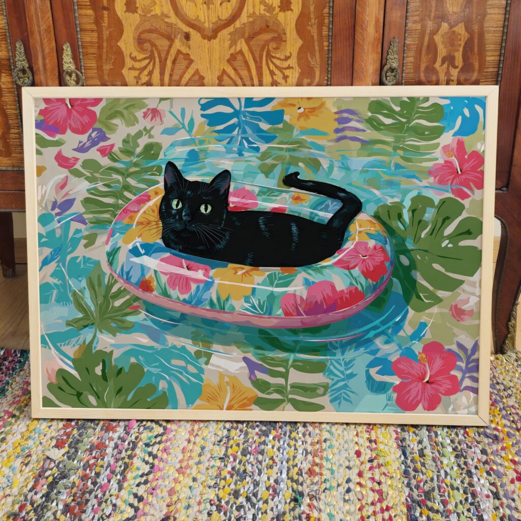 Black Cat in a Tropical Float Print