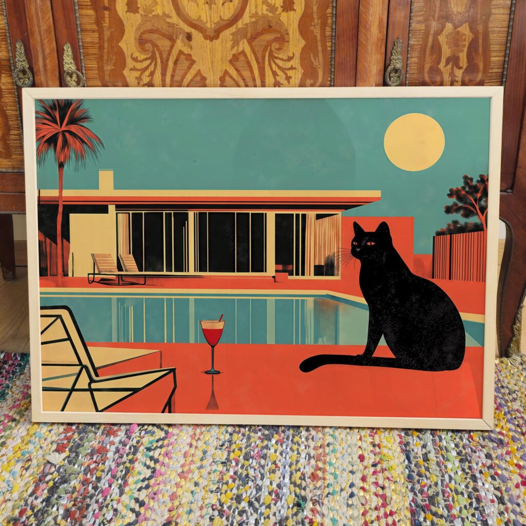 black cat pool cocktail art print