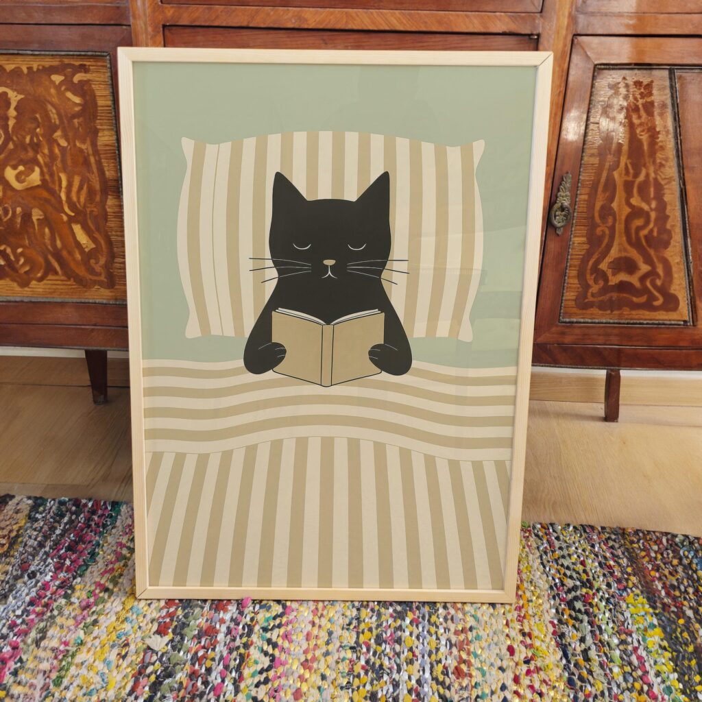 Black Cat Reading in Bed Print